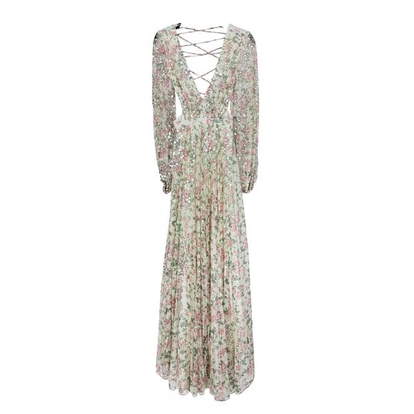 Mac Duggal NWT Sequined Floral Print Cut Out Lace Up Gown Size 0 Plunge Neck - Picture 5 of 11